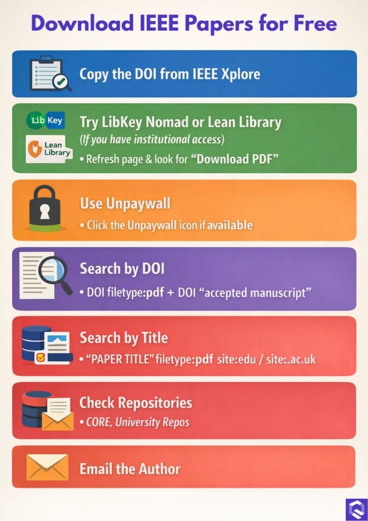 Infographic showing steps to download IEEE papers for free using DOI search, filetype operators, repositories, and extensions