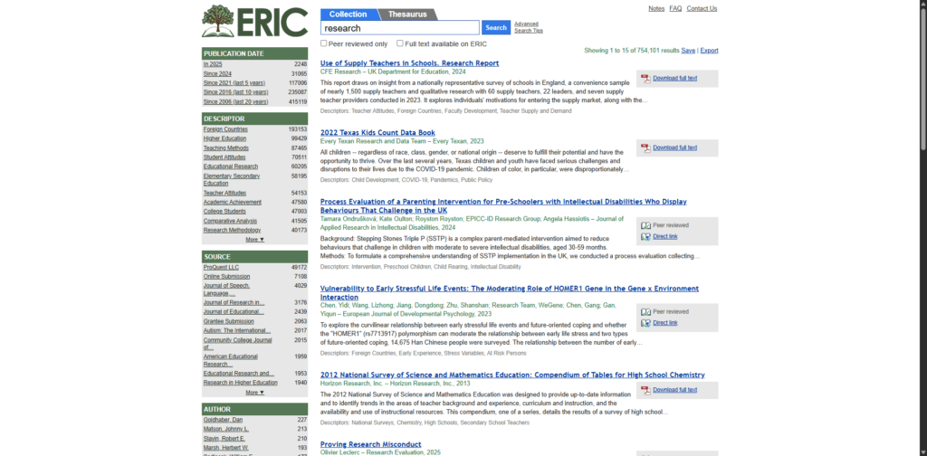 ERIC database for education research