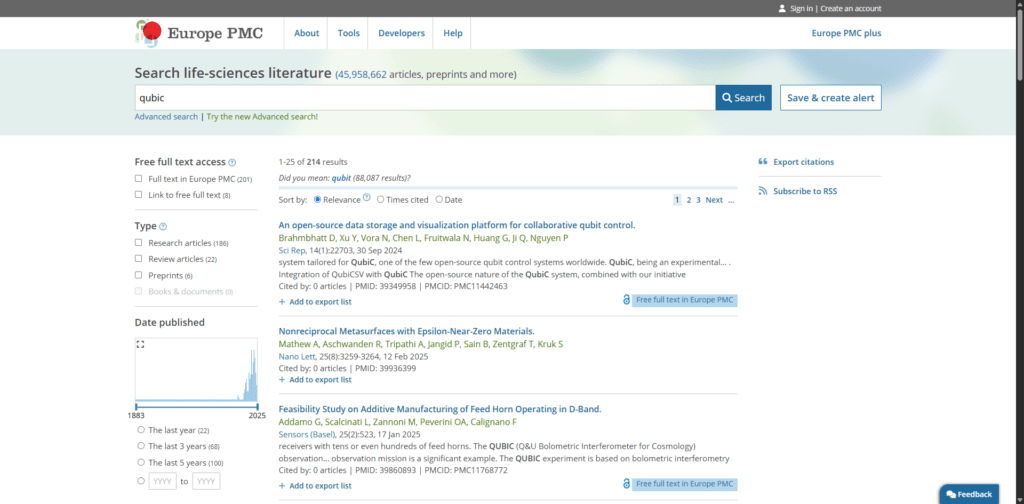 Europe PMC biomedical database interface