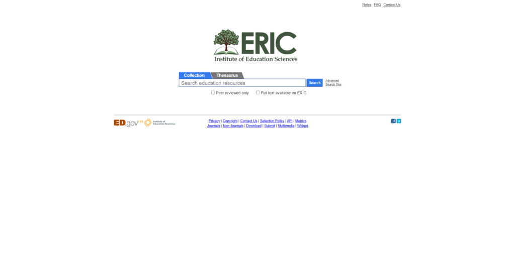 ERIC database showing education research search and results