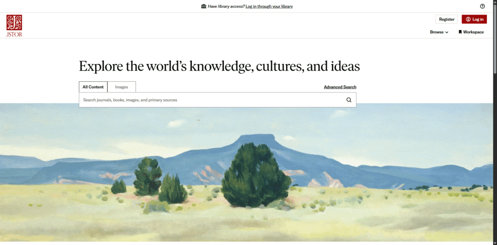 JSTOR interface showing academic journals and primary source discovery