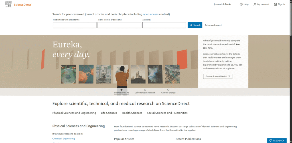 ScienceDirect page showing full-text access and browsing features