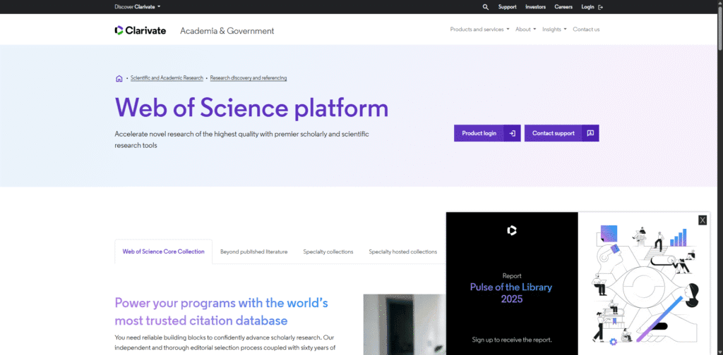 Web of Science interface showing citation indexing and search