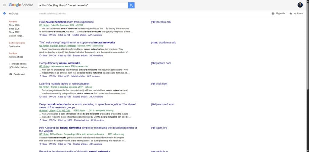Google Scholar results filtered by author Geoffrey Hinton showing neural network research papers