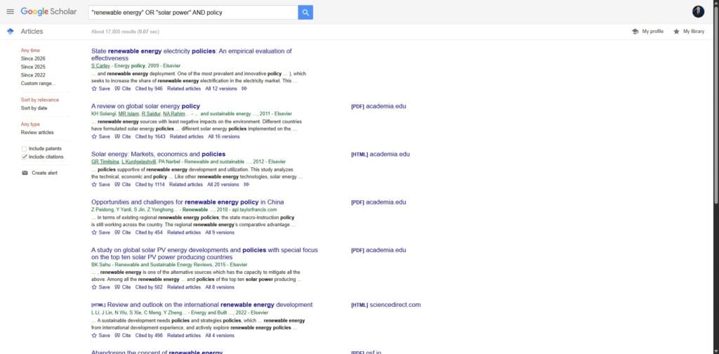 Google Scholar results using OR operator to show renewable energy and solar power policy research paper