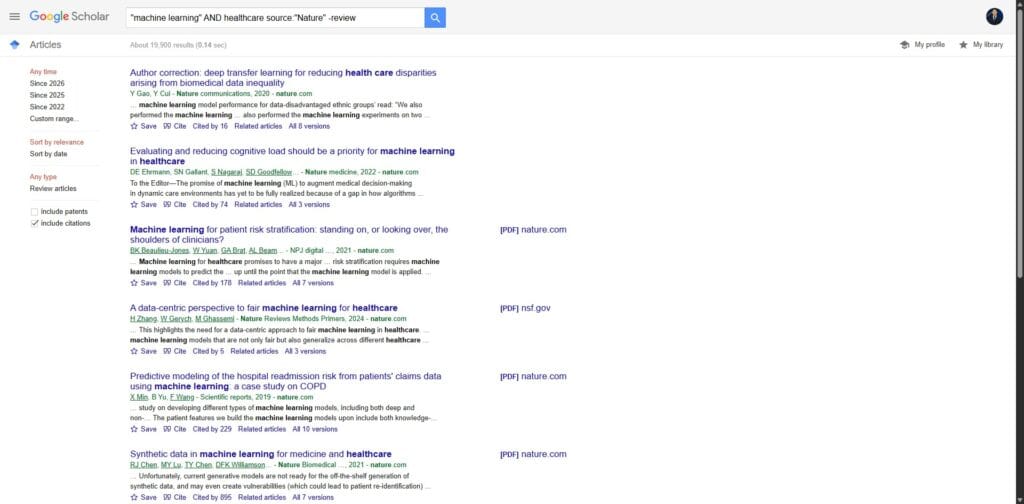 Google Scholar search results showing machine learning healthcare papers filtered by Nature journal and excluding review articles