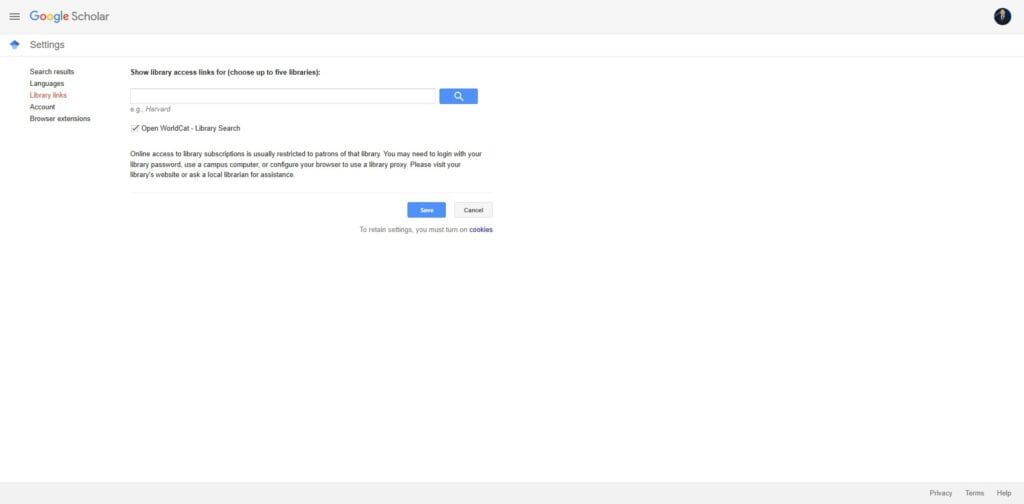 Google Scholar settings page showing library links option and university selection for full text access